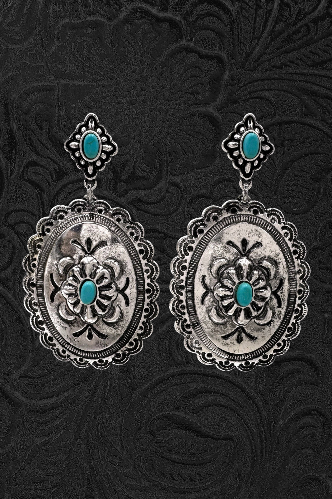 Silver Oval Concho Turquoise Earrings
