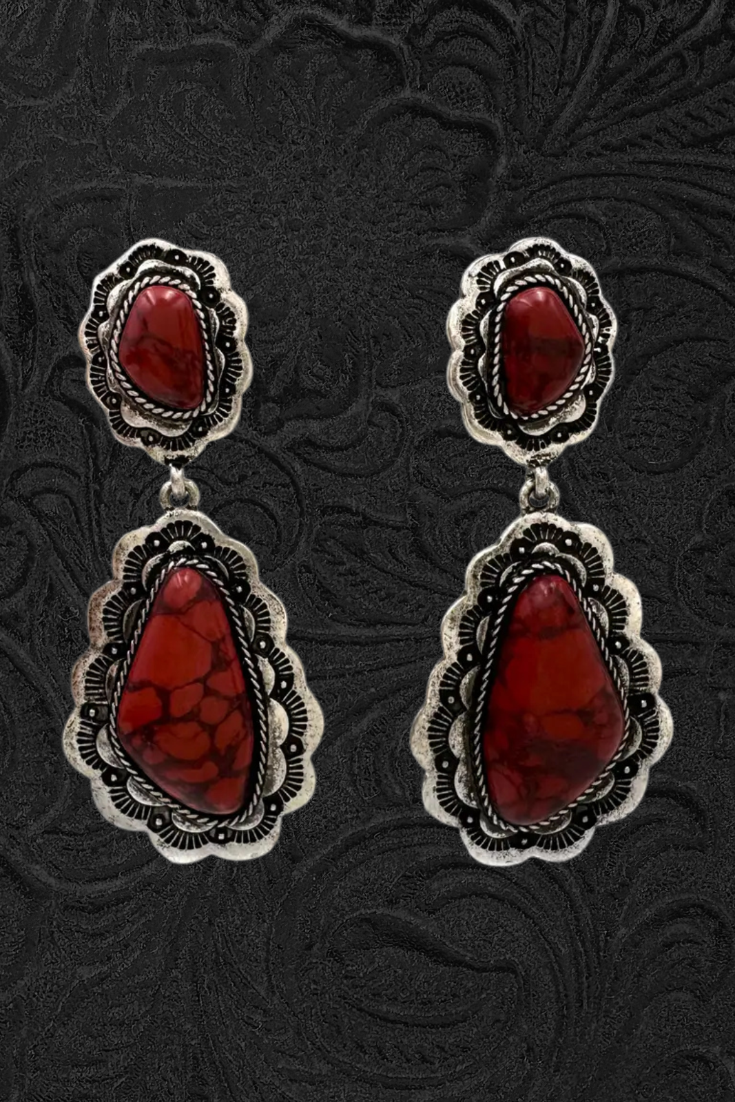 Burgundy Stone Metal Earrings