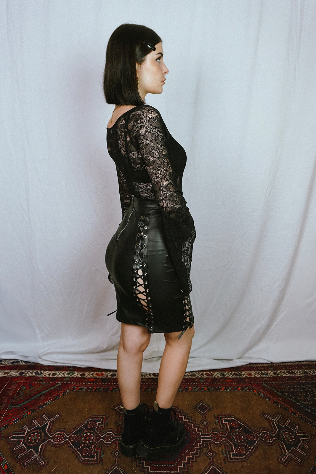 Faux Leather Eyelet Pencil Skirt