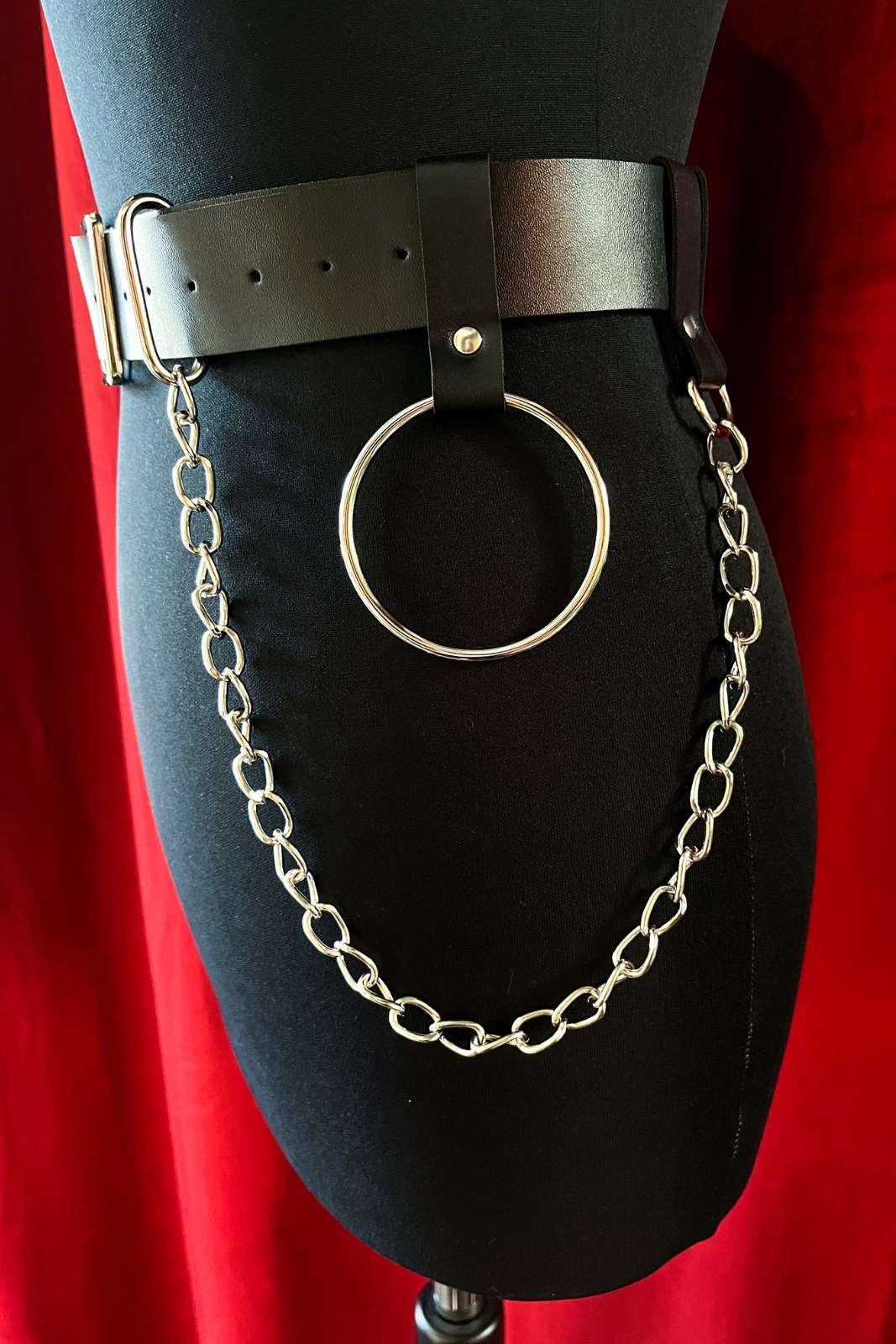 Black faux leather belt with silver chain