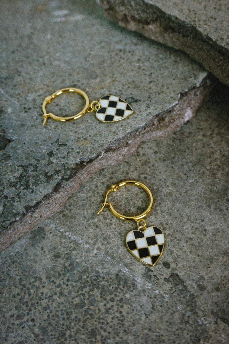 Checked Heart Earrings - Earrings - House of Bones Jewelry