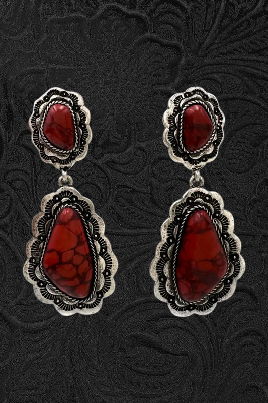 Burgundy Stone Metal Earrings