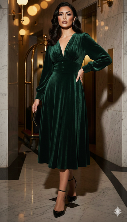 Balia Green Velvet Midi Fit and Flare Swing Dress