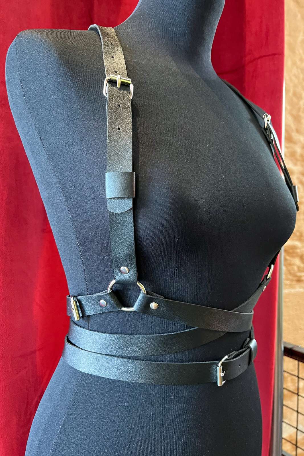 Black faux leather harness belt