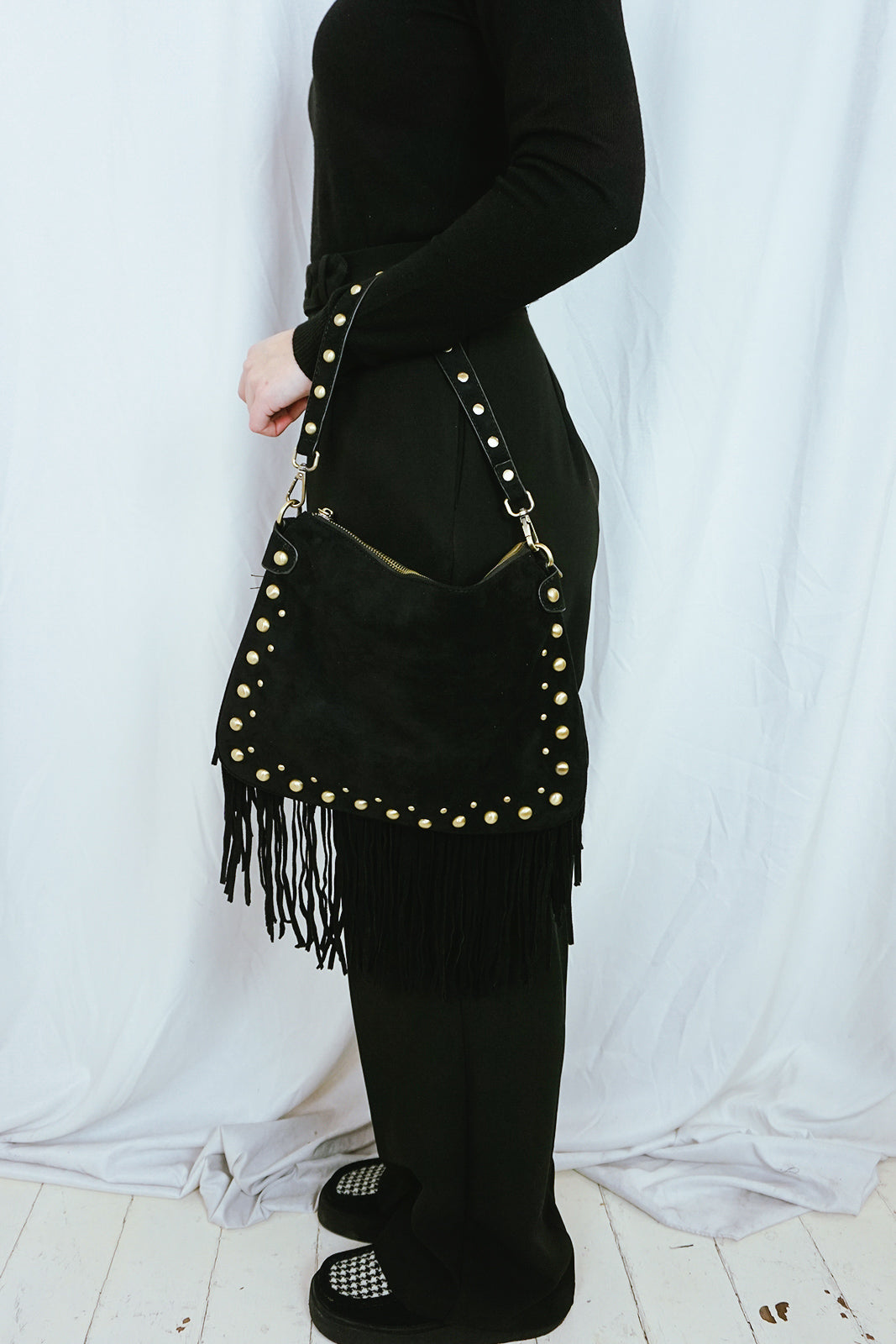 Fringed & Studded Shoulder Bag Black