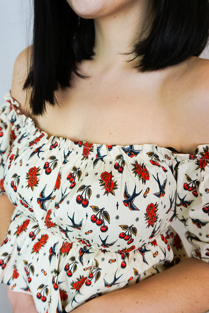 Cherries & Roses Blouse White