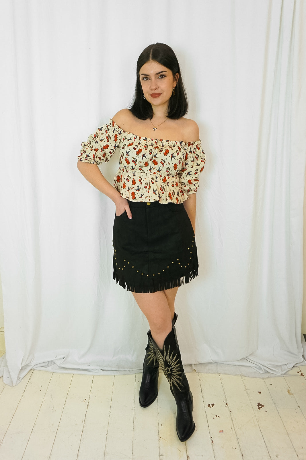 Fringed & Studded Suede Skirt