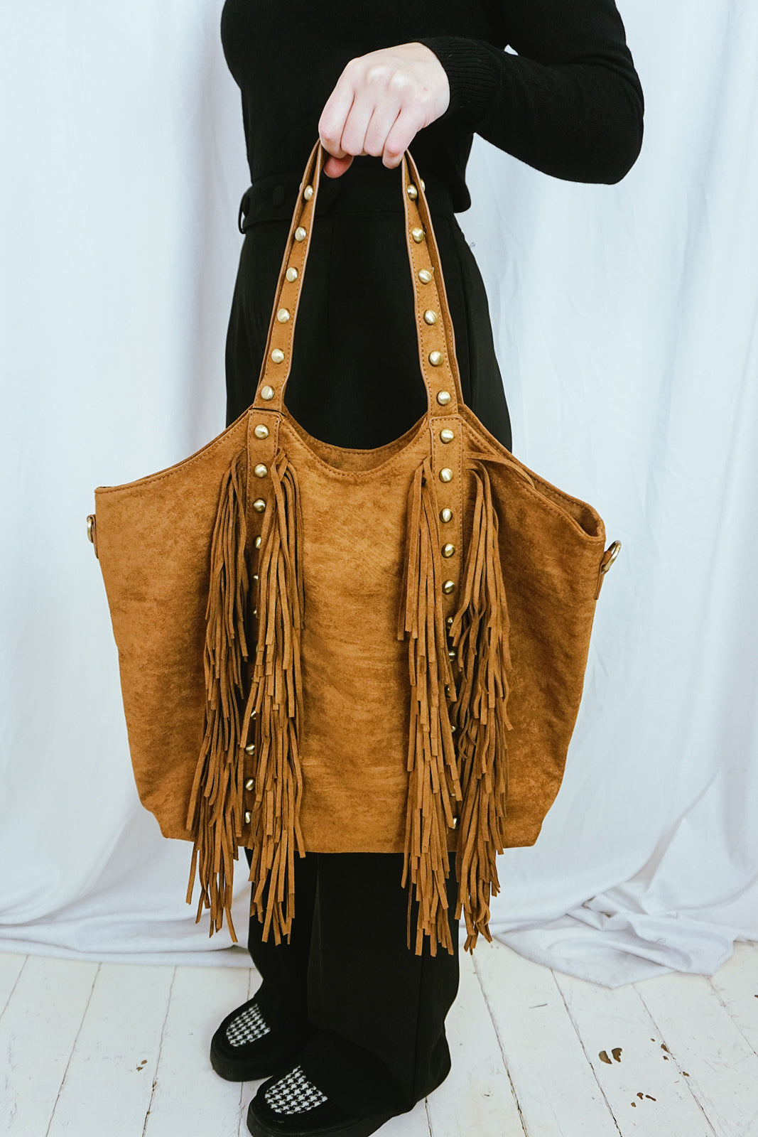 Fringed & Studded Big Bag Brown
