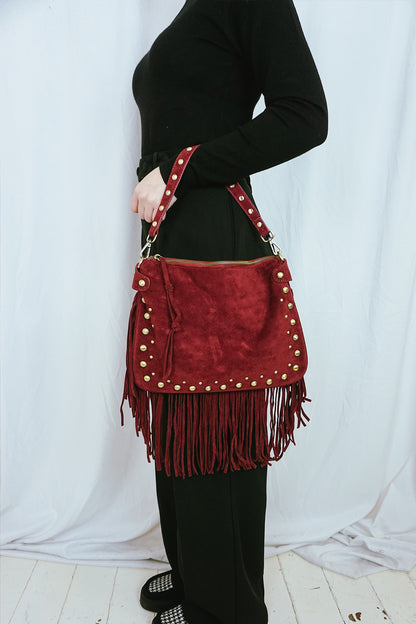 Fringed & Studded Shoulder Bag Burgundy