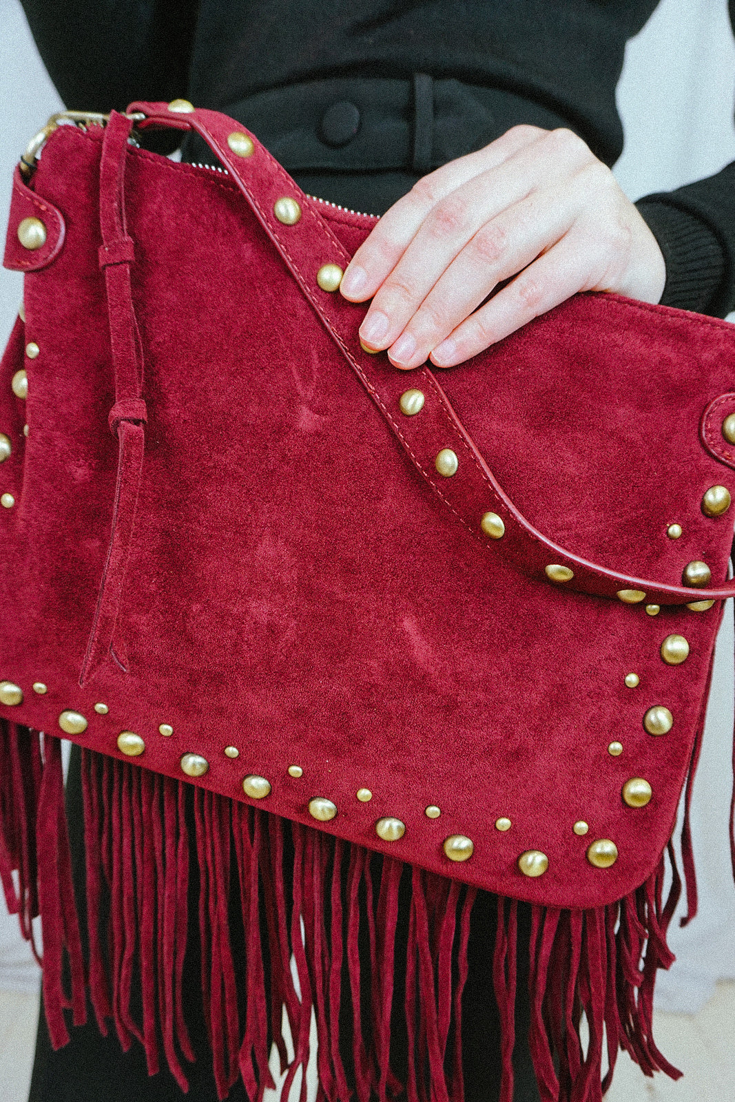 Fringed & Studded Shoulder Bag Burgundy