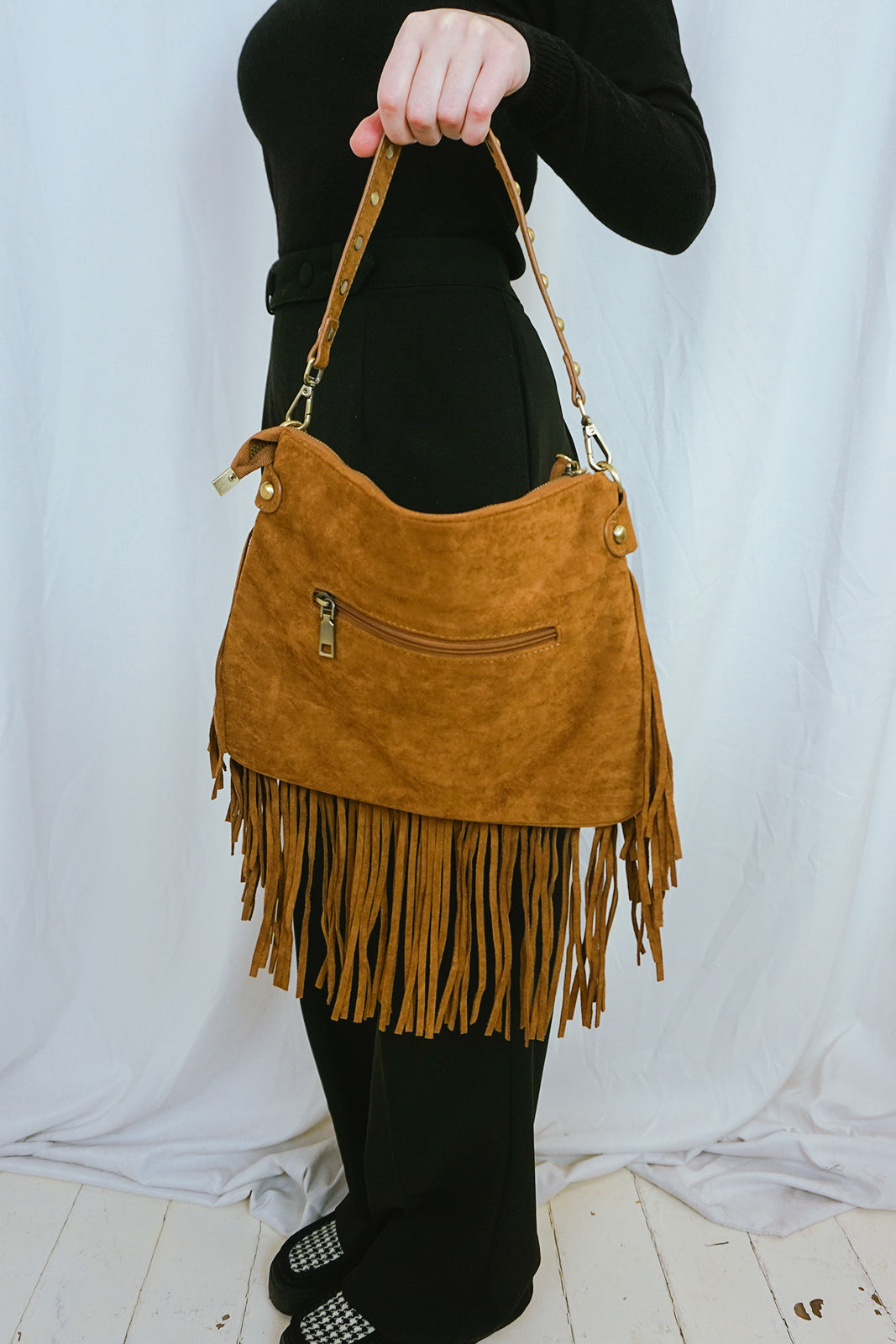 Fringed & Studded Shoulder Bag Brown