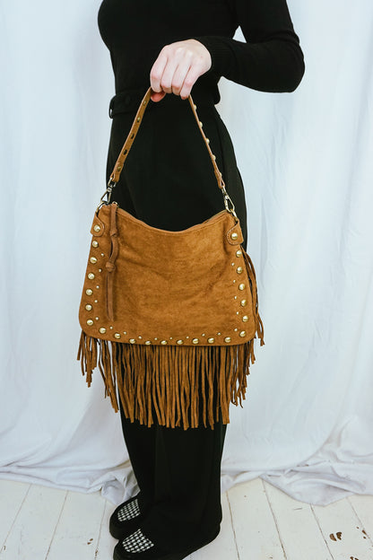 Fringed & Studded Shoulder Bag Brown