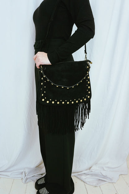 Fringed & Studded Shoulder Bag Black