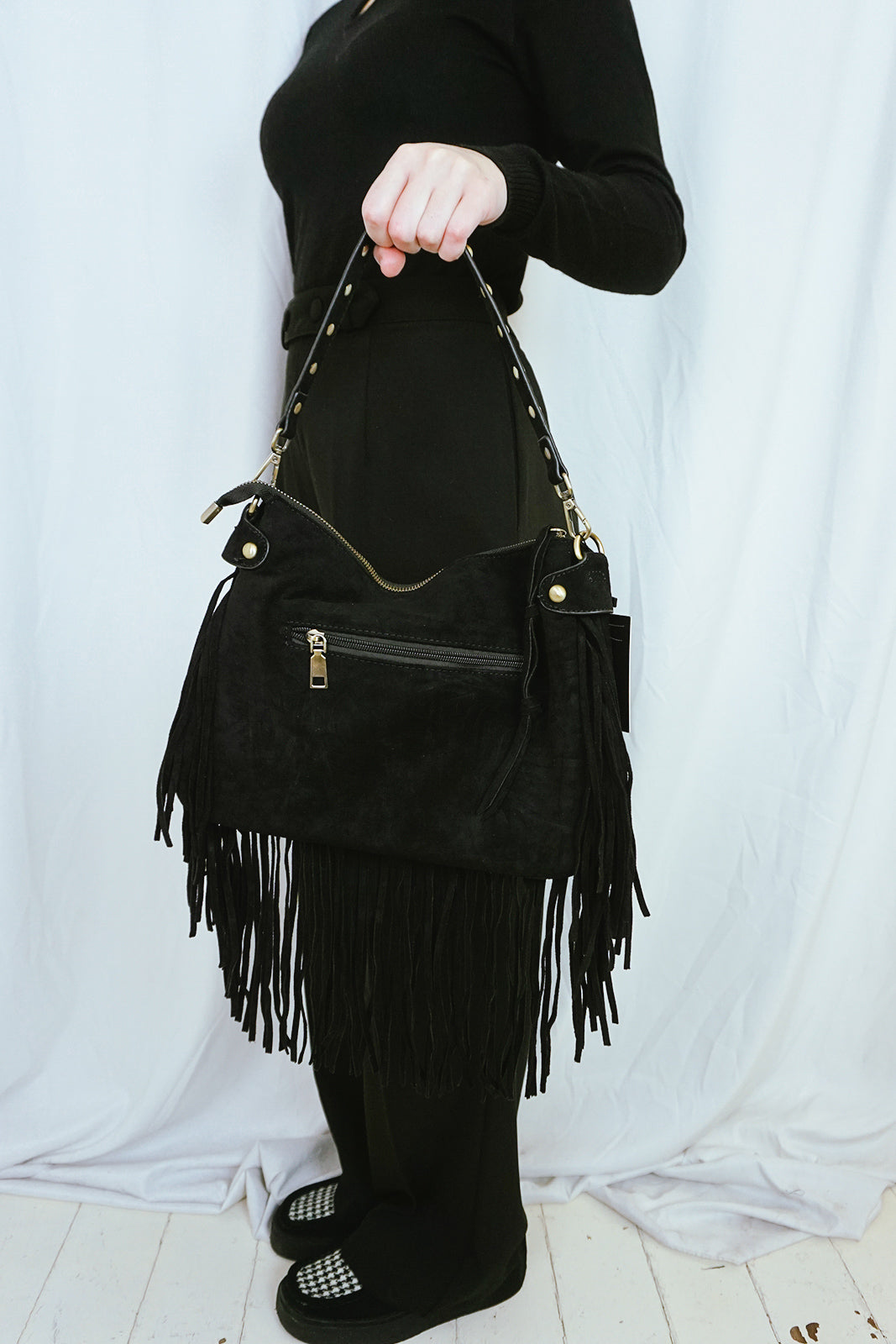 Fringed & Studded Shoulder Bag Black