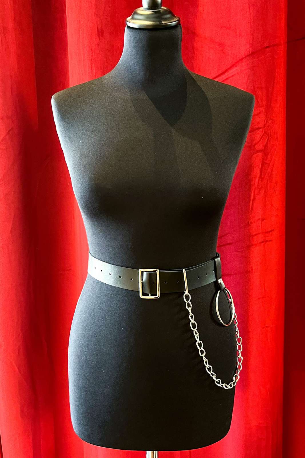 Black faux leather belt with silver chain