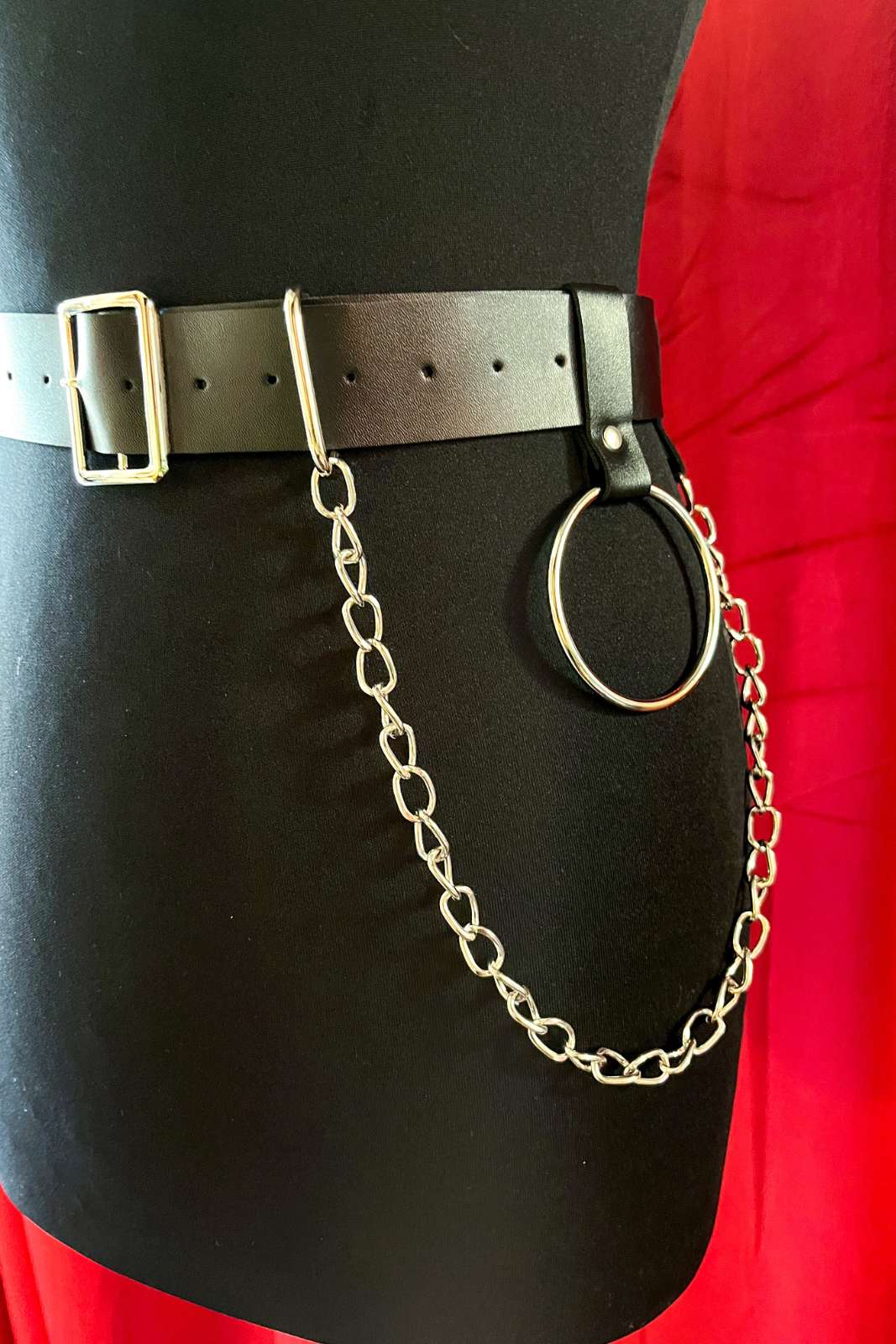 Black faux leather belt with silver chain