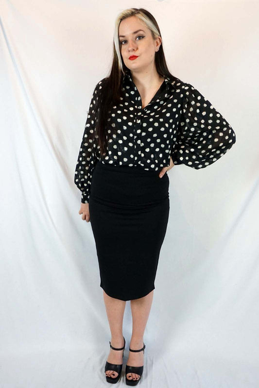 Black pencil skirt polka dot blouse