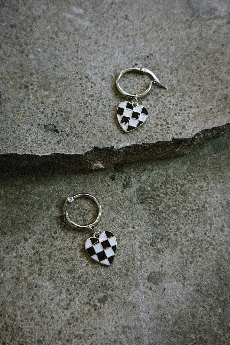 Checked Heart Earrings Silver - Earrings - House of Bones Jewelry