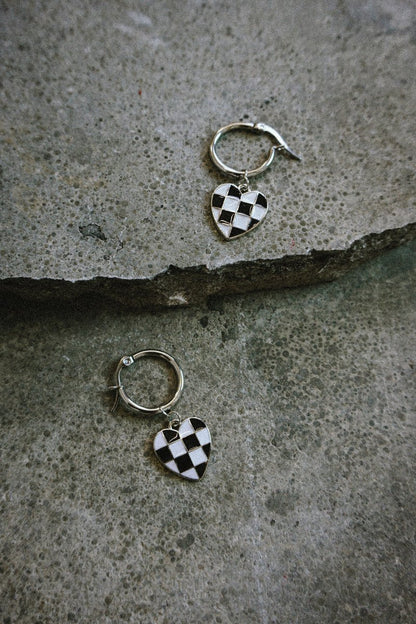Checked Heart Earrings Silver - Earrings - House of Bones Jewelry