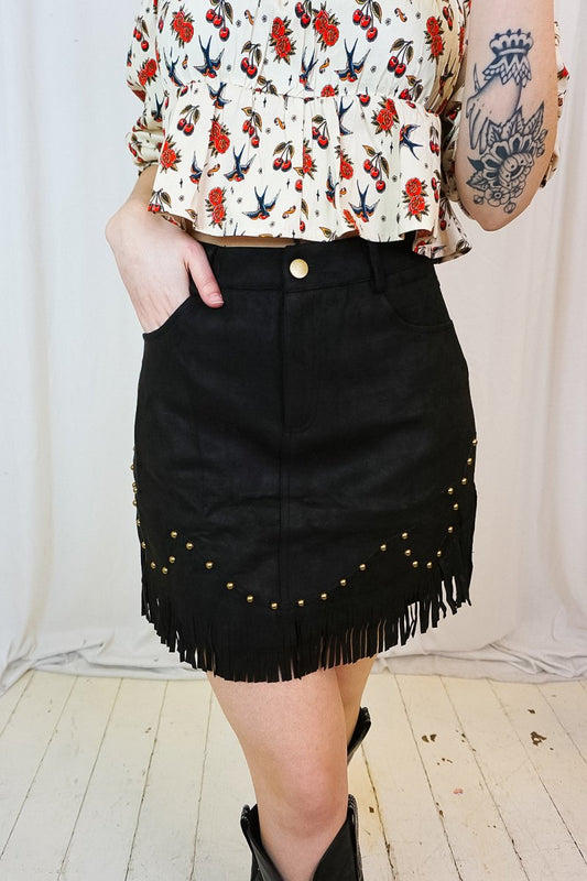Fringed & Studded Suede Skirt - Skirts - SOKY&SOKA