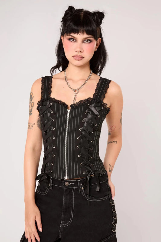 Quinzel C Pinstripe Top - Tops - Hell Bunny