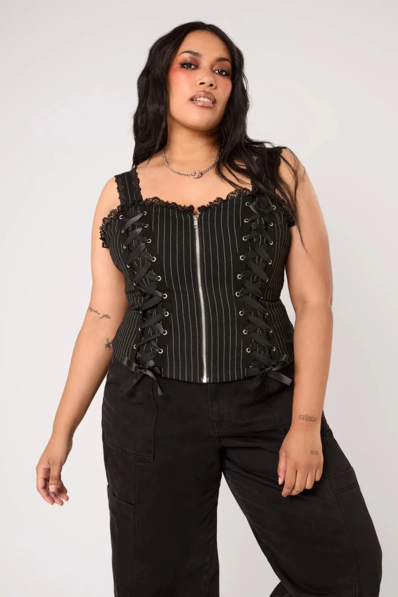 Quinzel C Pinstripe Top - Tops - Hell Bunny