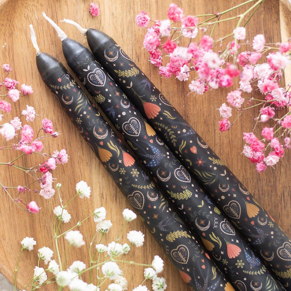 Set of 3 Black Midnight Print Taper Candles - Something Different Wholesale Europe