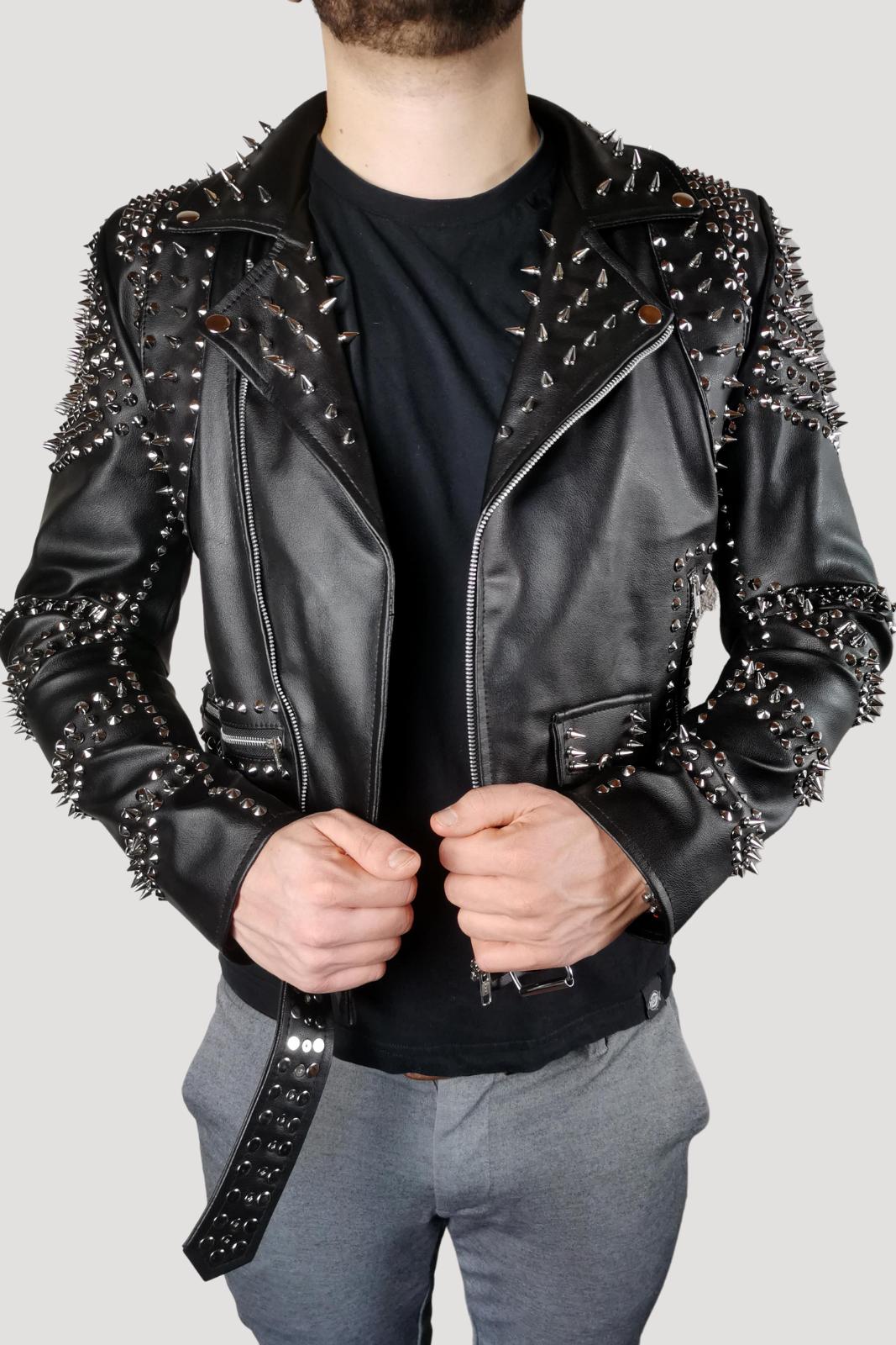 black vegan leather perfecto jacket studs spikes punk emo metal alt