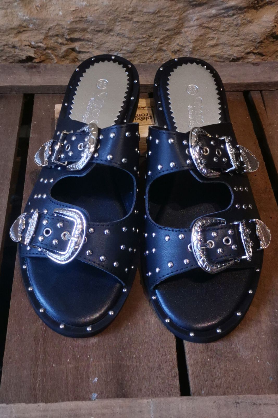 Black western silver concho slippers flats
