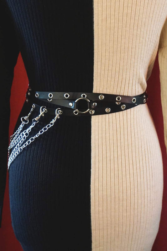 Chain Reaction Belt, black faux leather belt, fits all waist sizes, three separate chains, high-quality materials