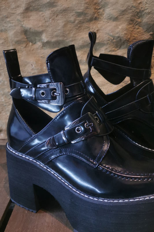 Black platform patent leather goth boots