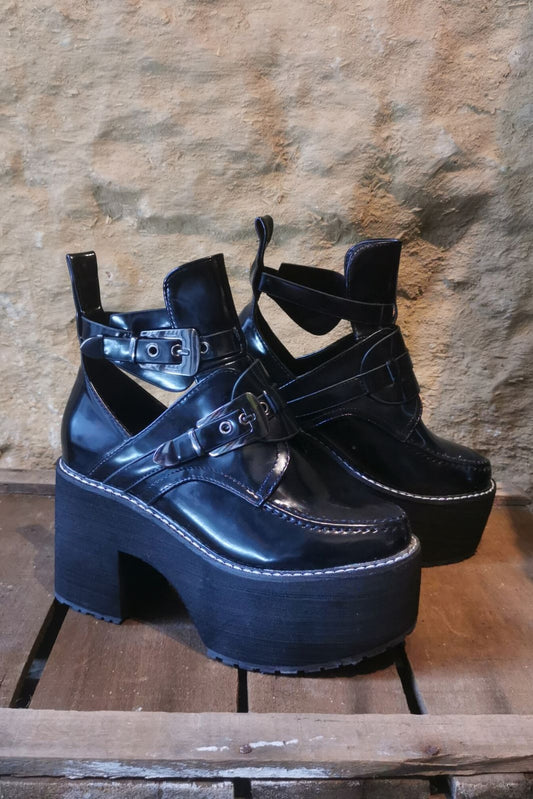 Black platform patent leather goth boots