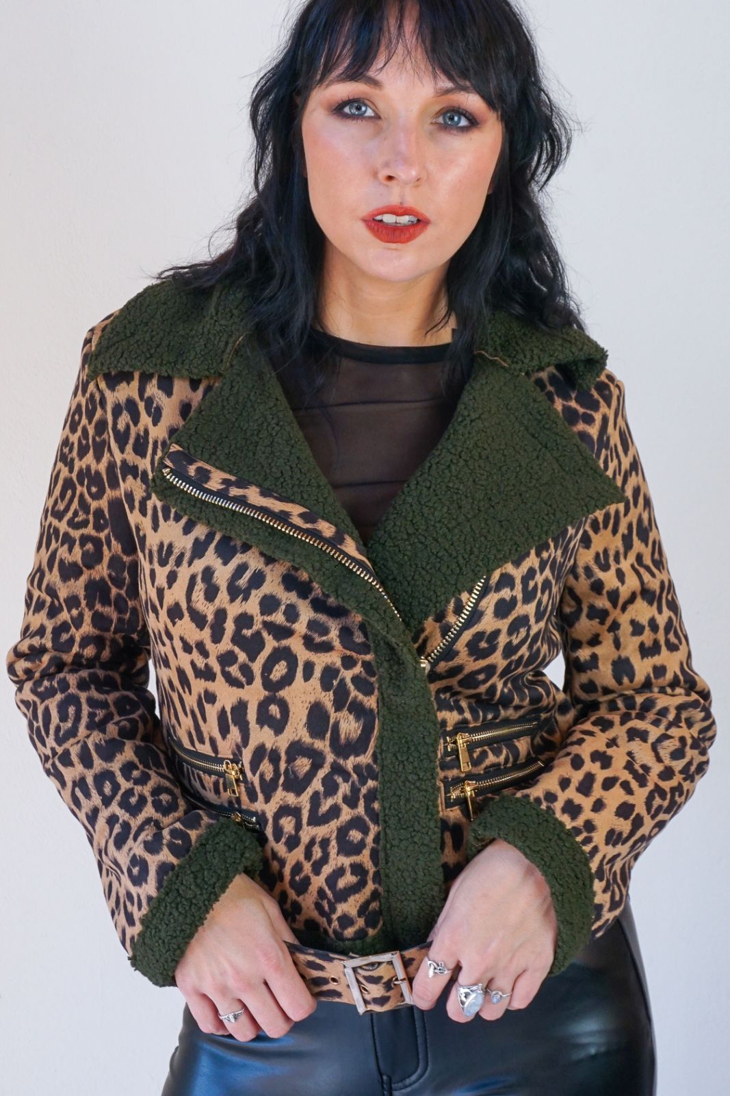 Beige leopard print biker jacket suede green fur