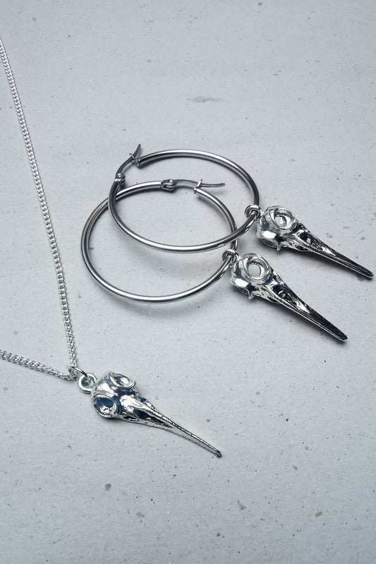 raven skull necklace earrings silver hoops
