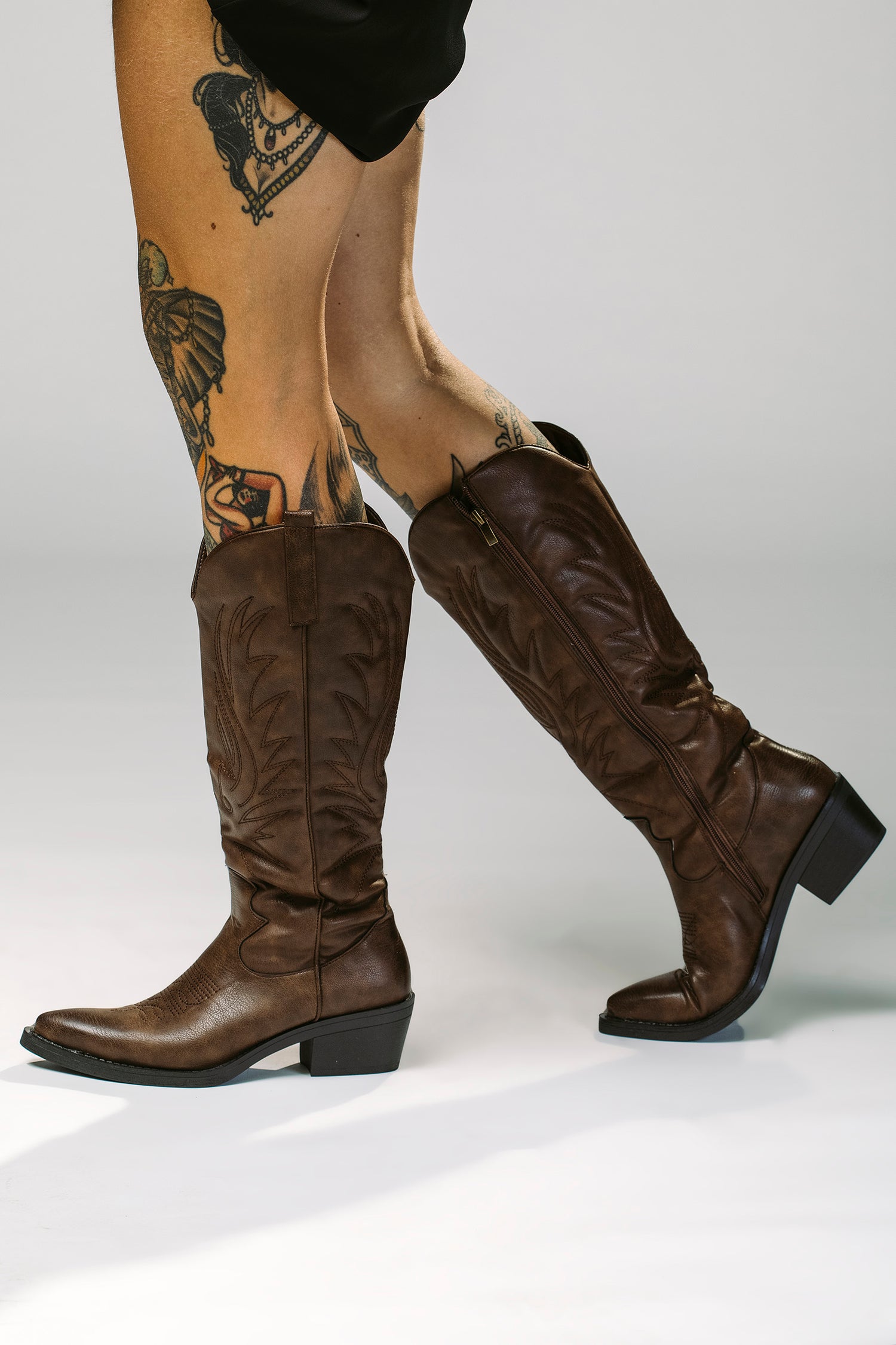Dark brown knee-high western boots with zipper