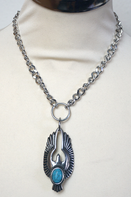 Silver chain necklace western eagle turquoise stone