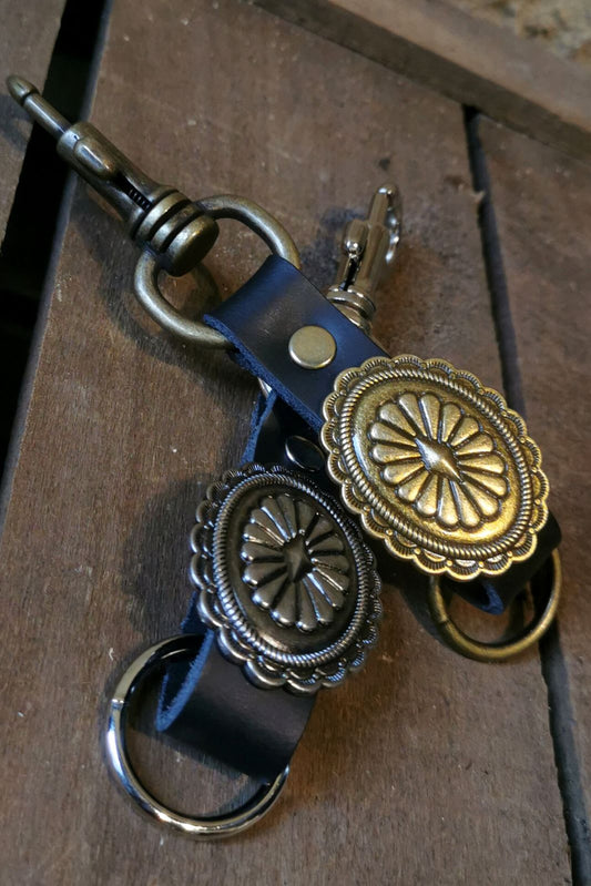Real leather western keychain gold concho